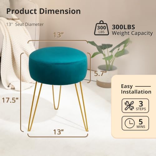 LUE BONA Vanity Stool, Teal Vanity Stools for Makeup Room, Round Ottoman Foot Stool, Velvet Footrest Vanity Chair for Bathroom Vanity, Bedroom, Living Room, Entryway, Offices, 300lbs