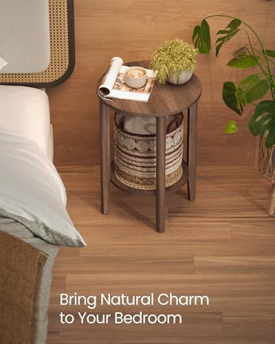 VASAGLE Round Side End Table, 2-Tier Boho Bedside Table with Rattan-Look
