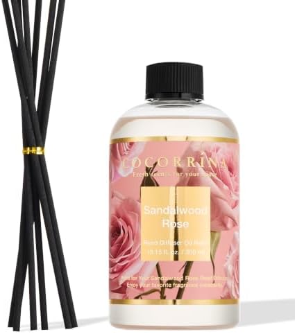 Cocorrína Reed Diffuser Refill Sandalwood Rose 10.15oz (300ml) with 8 Sticks - Premium Long-Lasting Floral Essential Oil, Home Fragrance for Bedroom, Bathroom Home Decor
