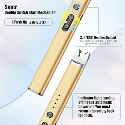 LcFun 2 Pack Candle Lighter USB Rechargeable Electric Plasma Arc Lighters with Safety Lock, Windproof Flameless Lighters Long Stem Matches for Candle, Grill, BBQ, Camping, Gas Stoves (Black, Gold)