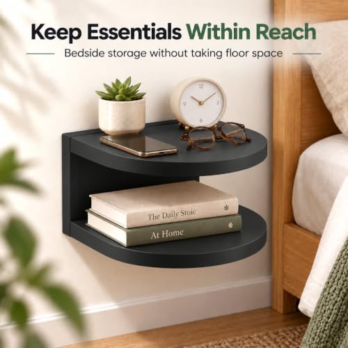 Bamboo Floating Wall Mounted Nightstand Wall Storage Shelf (1, Black)