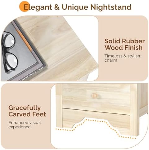 VINGLI Unfinished Rubber Wood Nightstands Set of 2 for Color DIY, 18.54" W Nightstand with Charging Station, 3 Drawer Nightstand, Real Wood Night Stands/Bed Side Table/End Table for Bedroom