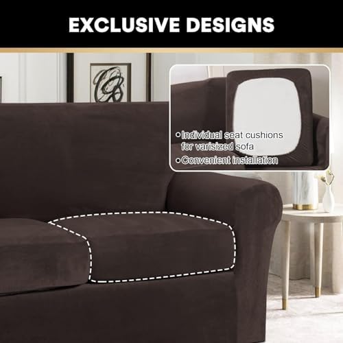 PrinceDeco Velvet Couch Covers for Sofa Soft 4 Pieces Couch Covers for 3 Cushion Couch Sofa Pet Friendly Furniture Protector with Non Slip Elastic Bottom Width Up to 97 Inch (Large Sofas, Brown)