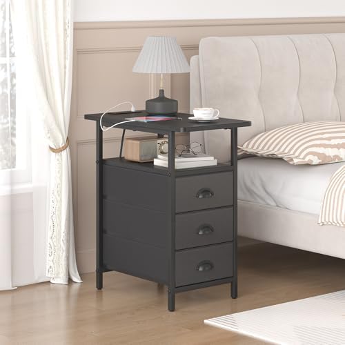 sthmec End Table with Charging Station, Side Tables Livingroom with USB Ports and Outlets,Narrow Nightstands Bedside Tables with 3 Drawers PU Finish for Small Space,Slim Sofa Table Bedroom,Black
