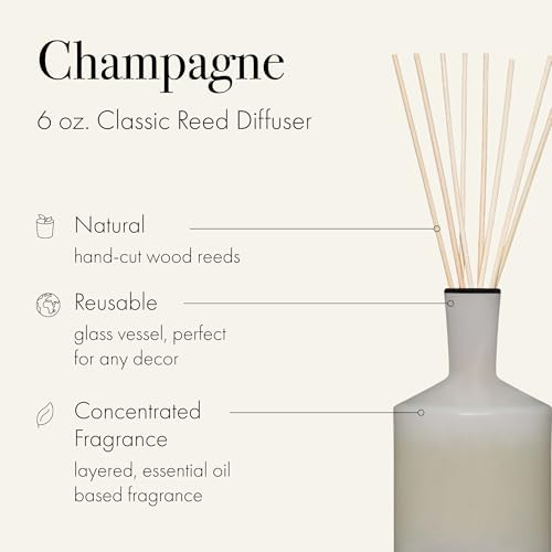 LAFCO New York Classic Reed Diffuser, Champagne - 6 oz - Up to 3 Months Fragrance Life - Reusable, Hand Blown Glass Vessel - Natural Wood Reeds - Made in the USA