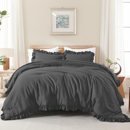 Andency Dark Gray Ruffle Comforter Twin Size, 2 Pieces Soft Bed Set