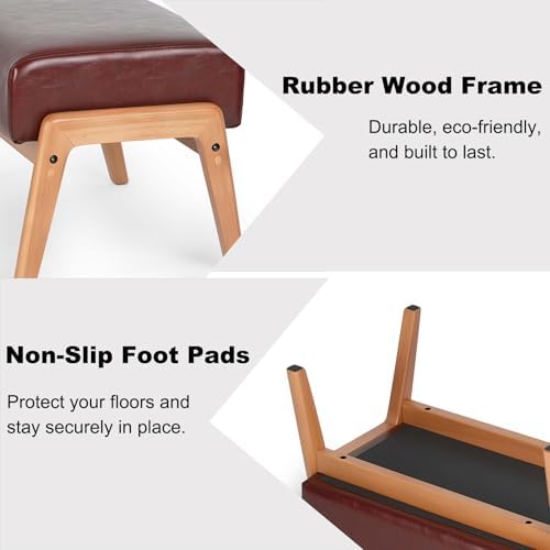 Foot Stool, Leatherette Wooden Step Stool, Modern Rectangle Ottoman Wide Vanity Stool with Cushion for Couch Living Room Bedroom Entryway, Brown