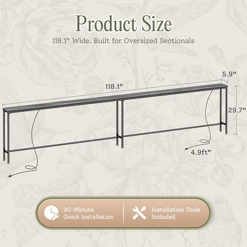 Huuger 118.1 Inch Behind Couch Table with 2 Power Outlets and USB-C Ports, Extra Long Narrow Sofa Table for Sectional Sofa, Skinny Console Table with Anti-Bump Pads, for Living Room, Grey