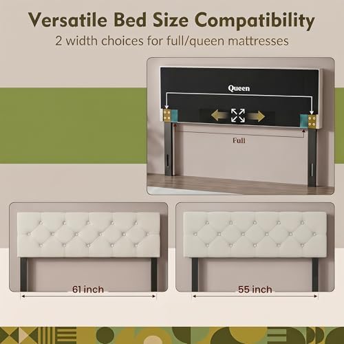 GIANTEX Linen Upholstered Headboard, Queen/Full Size Button Tufted Linen Fabric Head Board with Wood Support Legs, Attach Frame, Width Adjustable Modern Bed Headboard Only (Beige)