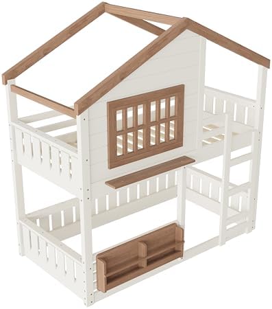 Twin Over Twin Size House Bunk Bed with Storage Bookshelf, Beige