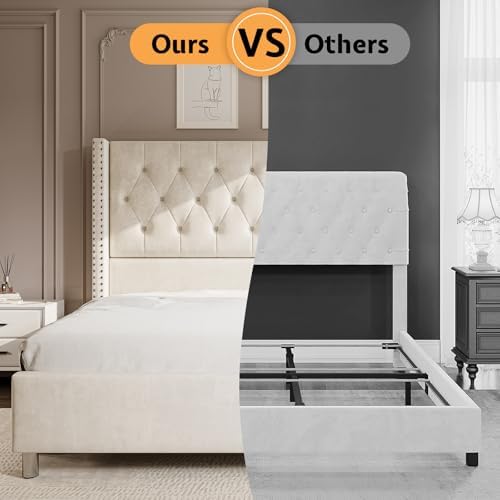 Jocisland King Size Bed Frame with Headboard, 49.2" Velvet Tufted, Cream