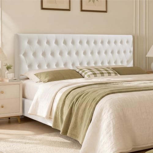 Kingfun Tufted Upholstered Full Size Bed Headboard in Modern Button Design, Adjustable Solid Wood Head Board, Premium Velvet Fabric Padded Headboards in Bedroom (White)