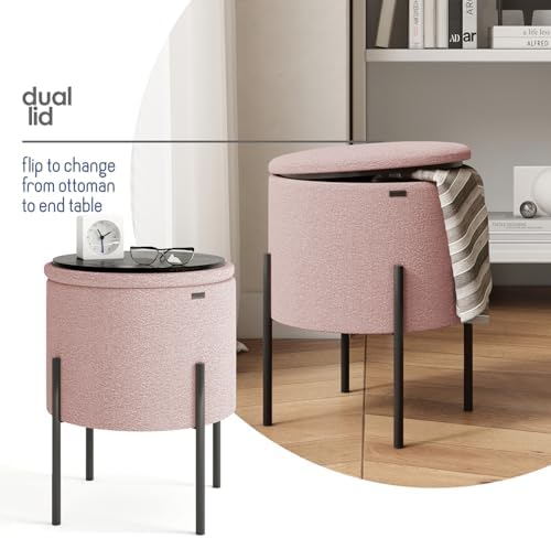 Round Ottoman with Storage, Boucle Storage Ottoman, Foot Stool Ottoman, Makeup Vanity Stool, Small Ottomans Foot Rest, Modern Ottomans for Living Room and Bedroom, Pink