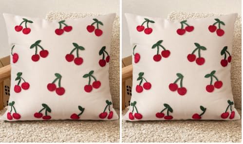 Embroidered Throw Pillow Cover 18x18 Inch - Spring Summer Boho Decorative Pillow Cover with Zipper for Living Room Couch Sofa Bed Aesthetic Design Little Cherry Cushion Pillowcase (Pack of 2)