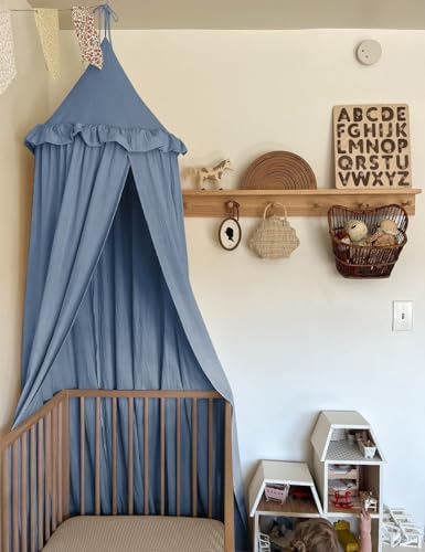 Kids Bed Canopy with Frills Cotton Cover Net for Crib Reading Nook Curtain Hideaway Hanging Round Tent Nursery Bedding Play Room Decor