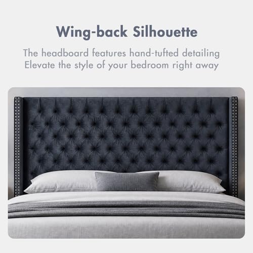 Madison Park King Wingback Upholstered Tufted Headboard, Featuring High-Density Sponge Padding, Adjustable Height Headboard, Easy Assembly, Black Velvet