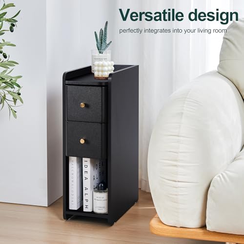 Narrow Nightstand Set of 2, Wooden Small 2 Drawer Nightstand, Slim Side End Table, Skinny Bedside Table, Mid Century Modern Night Stand with Drawers for Bedroom (Black-2 pcs)