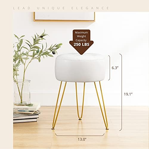 LUE BONA Faux Leather Vanity Stool Chair for Makeup Room, 19” Height, Tufted Vanity Chair with Metal Legs, Modern Foot Stool Ottoman for Bedroom, Living Room
