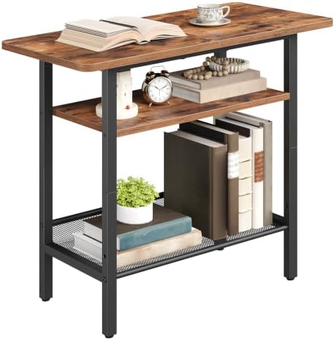 HOOBRO Side Table, Narrow End Table with Shelf and Wide Storage Tabletop, 3-Tier Bedside Tables for Small Spaces for Living Room, Bedroom, Study, Rustic Brown and Black BF366BZ01
