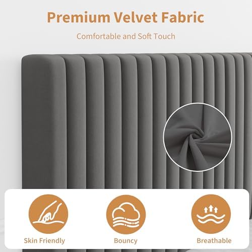 Full Bed Frame with Adjustable Headboard, Velvet Upholstered Platform Bed