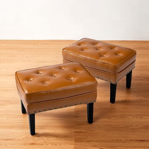 Glitzhome Set of 2 Ottoman Stool, Mid-Century Modern PU Leather Vanity Accent Stool Chair, Makeup Stools Footrest Side Table for Living Room Vanity Entryway, Cognac