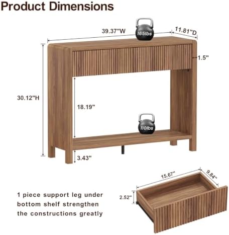 FATORRI Console Table with Storage, Mid-Century Farmhouse Entryway Table with Drawers and Shelf, 39.37 inch Wood Sofa Tables Behind Couch for Living Room, Hallway, Kitchen, Foyer (Walnut)