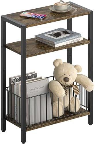 Narrow Side Table with Storage Basket Small End Table for Small Space,Brown