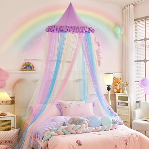 Kertnic Rainbow Bed Canopy for Girls Dreamy Mosquito Net for Bed Round Dome Princess Bed Canopy Girl Room Play Tent Canopy Bed Netting Curtains (Single Layer- Purple)