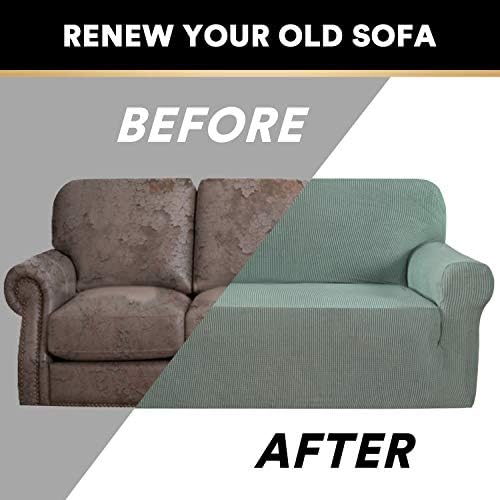 PrinceDeco Stretch Sofa Cover Slipcover Couch Covers for 3 Cushion Couch Furniture Protector Sofa Covers with Non Slip Elastic Bottom Dogs Pet Friendly Fitted (Sofa, Sage)