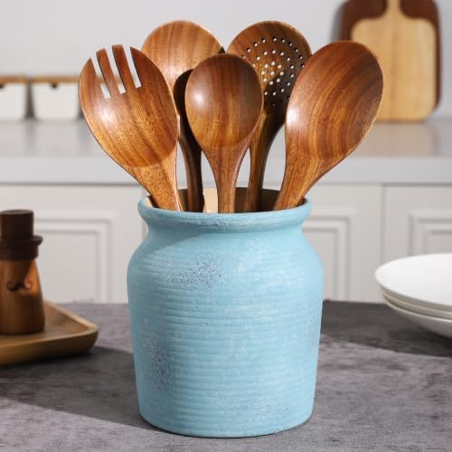 Ceramic Farmhouse Kitchen Utensil Holder for Countertop, Rustic Cooking Utensil Holder Crock Fit for Kitchen Counter. Blue Series.