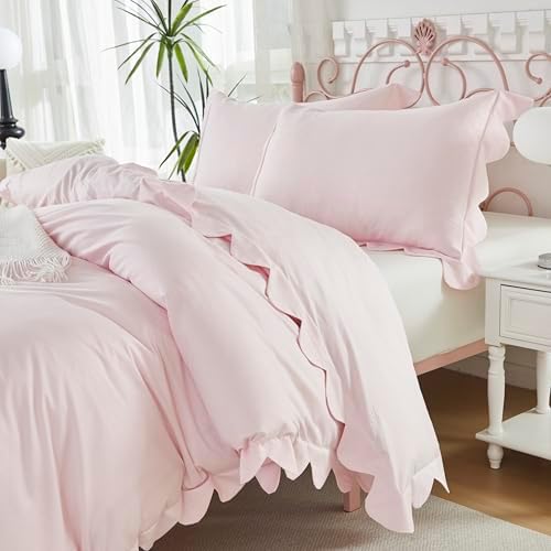 Brandream Organic Cotton Scallop Edge Duvet Cover Set Queen/Full Size Solid Pink Girls Bedding Size Soft Breathable Luxury Bed Set Luxury Grandmillennial Cottagecore Coquette Duvet Cover Shams Set