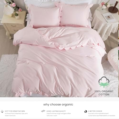 Brandream Kid's Organic Scallop Duvet Cover Set Twin/Twin XL Pink Girls Bedding Size Soft Breathable Luxury Bed Set for Dorm Room Grandmillennial Cottagecore Coquette Hotel Style Bedroom