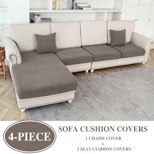 LA MEACK Couch Cushion Covers for Sectional Sofa L Shape Washable Separate Seat Chaise Couch Cover Stretch Sofa Slipcovers with 2 Pcs Pillowcases(3 Seater + 1 Chaise, Taupe)
