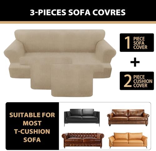 3 Pieces Sofa Covers fot T Cushion Loveseat Slipcover, Sofa Stretch Slip Covers for 2 Cushion Couch with 2 Individual T Shape Seat Covers (Island Fossi, 2 Cushion)