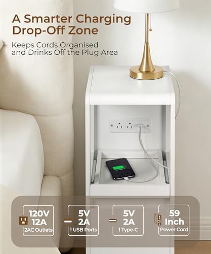White Narrow Side Table, Slim End Table with Charging Station