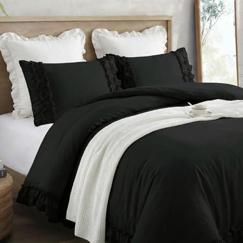 Bedorm Black Duvet Cover Twin Pleated Ruffled Bedding Set Shabby Chic Lace Ruffle Fringe French Country Room Decor Super Soft Cozy Black Boho Duvet Cover Sets