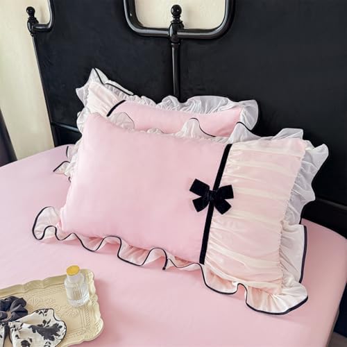 Ruffle Beddding Set with Bowtie,Chic Lace Bedding,Girls Twin Aesthetic Comforter Cover Set,Romantic French Princess Style Ruffled Duvet Cover with Lovely Bow with Zipper Closure