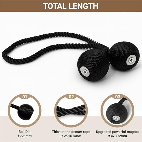 Hion Magnetic Curtain Tiebacks 4 Pack, Nickel-plated Metal and Polyester, Black