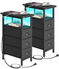 shtmec Narrow End Table Set of 2 with Charging Station, LED Side Tables Set 2 with Fabric Drawers, Small Bedside Tables Nightstands for Small Space, Slim Sofa Couch Table for Livingroom,Black