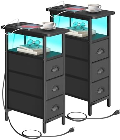 shtmec Narrow End Table Set of 2 with Charging Station, LED Side Tables Set 2 with Fabric Drawers, Small Bedside Tables Nightstands for Small Space, Slim Sofa Couch Table for Livingroom,Black