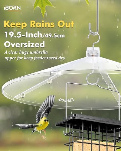 iBorn Baffles for Bird Feeders, 19.6” Oversized Bird Feeder Cover for Rain Guard, Birds Feeders Squirrel Guard, Full Protection for Outdoors, Polycarbonate(PC), Pack of 1, Transparent
