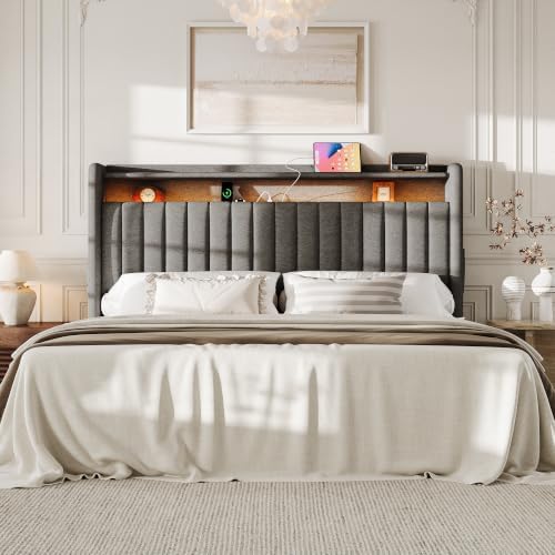 S.E.C.D Upholstered King Size Headboard Only with 2-Tier Storage, Dark Gray