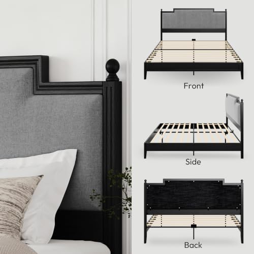 King Size Bed Frame with 50.2" Tall Upholstered Headboard, Black