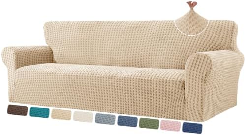 ZNSAYOTX 1 Piece Stretch X-Large Couch Cover (92"-112") New-Houndstooth Texture, Thick Sofa Covers for 3 Cushion Oversized Couch Universal Sofa Slip Cover with Elastic Bottom & Buckle, Khaki