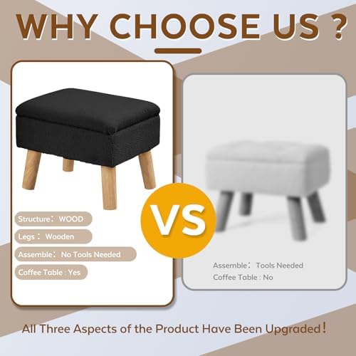 Storage Ottoman, Small Foot Stool Ottoman with Storage, Teddy Velvet Foot Rest with Wood Legs, Footstool for Living Room, Bedroom, Entryway, Black