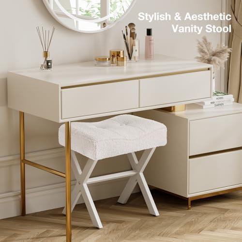 Memobarco 18-Inch Vanity Stool Chair, White Padded Saddle Makeup Stool