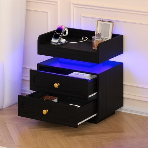 4ever2buy Black Nightstand with Charging Station and Adjustable LED Lights