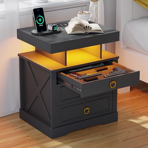 HENBC Nightstand with Gun Drawer, LED Night Stand with Charging Station, Smart End Table with Bedside Table for Bedroom/Study Room,3 Colors Human Sensor Lights Furniture (Black)