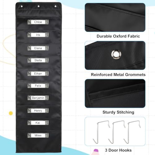 Pocket Chart for Classroom, Storage File Folders Pocket Chart with 10 Nametags Pockets, Hanging Wall File Organizer with 3 Over Door Metal Hangers Pocket Charts Organizer for School Office Mailbox