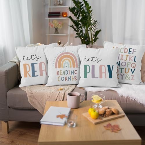 Kids Throw Pillow Covers 18x18, Let's Read Play English Alphabet Rainbow Decorative Pillow Covers for Kids Nursery Reading Corner Room Nook Playroom, Classroom Accent Pillows Cover Set of 4
